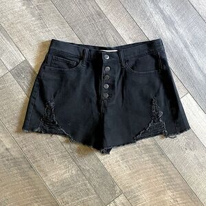 NWOT! SO, Black Distressed Denim, Button-Up, High-Rise, Mom Shorts. Size 11/30W.